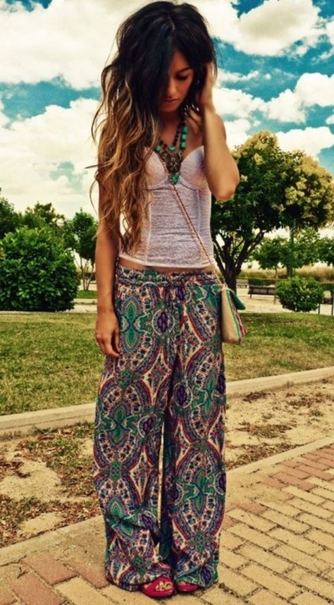 Pants: flowy bohemian boho gypsy printed clothes paisley shirt hippie hipster corset top pastel