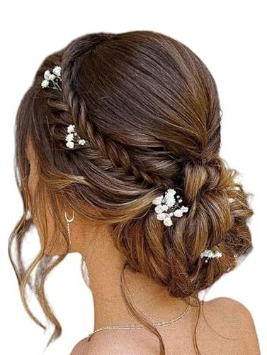 Bride Updo With Flowers, Flowery Hairstyle, Wedding Hair White Flowers, Bridesmaid Hair With Flowers, Hairstyle With Baby Breath, Low Updo Wedding Hair With Flowers, Wedding Hair With Baby Breath, Hair With Baby Breath, Gypsophilia Bridesmaids Hair