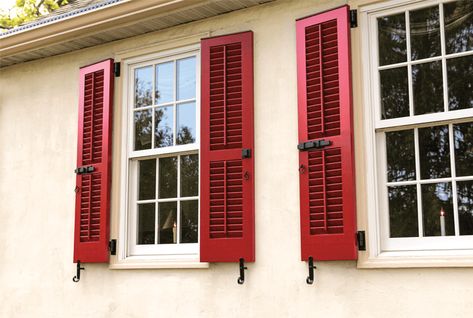 Red House Black Shutters, Pink Shutters On House, White House Red Shutters, Red Shutters Tan Siding, Burgundy Shutters, Shutter Hardware, Red Shutters, Window Restoration, Louvered Shutters