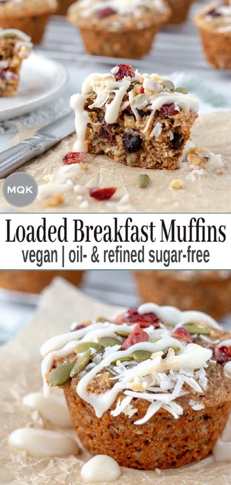 Super satisfying and healthy breakfast muffins loaded with your favorite fruits, nuts and seeds. #breakfastmuffins #vegan #wfpb #oilfree Vegan Muffins Healthy, Vegan Breakfast Muffins, Oat Flour Muffins, Protein Breakfast Smoothie, Muffins Healthy, Muffins Vegan, Healthy Breakfast Muffins, Healthy Eating Breakfast, Smoothie Recipes Healthy Breakfast