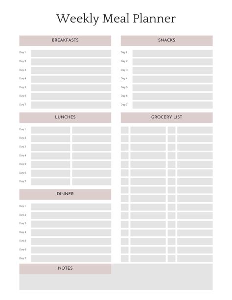 . #Organisation #Essen #Blank_Weekly_Meal_Plan_Template #Meal_Planning_Organization Grocery Meal Plan, Budget Meal Planner, How To Meal Plan For The Week, Meal Planning Printable Templates, Menu Planning Printable, Aesthetic Planners, Meal List, Mood Chart, Recipe Storage