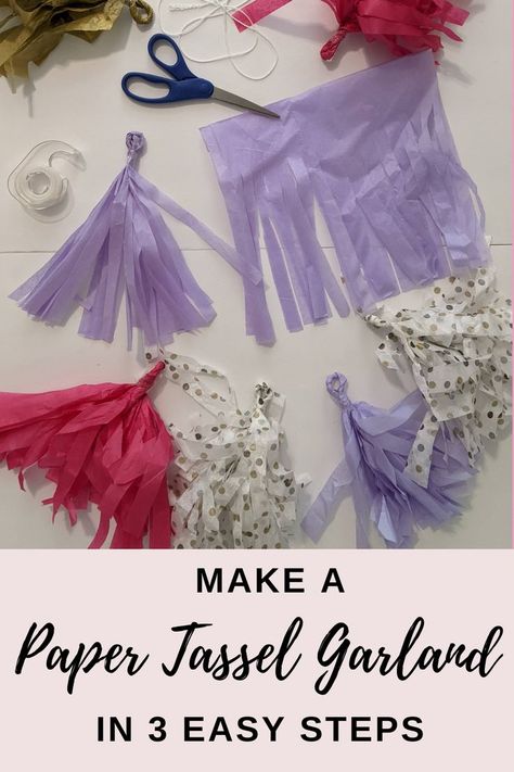 Tassel Garlands are so easy to make and are fun to decorate with. Check out this step-by-step tutorial on how to make a tissue paper tassel garland for your next party, baby shower, or wedding. Tissue Paper Banner Tassels, High Chair Tassel Garland Diy, Table Cloth Tassel Garland, Tassel Garland Tutorial, Paper Tassel Garland, Tissue Paper Decorations, Tissue Tassel Garland, Diy Tassel Garland, Garland Tutorial