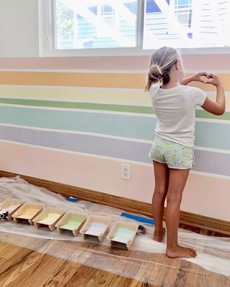 How to Paint a Rainbow Wall (and Fence!) - Kristin Dion Design Rainbow Wall Diy, Rainbow Fence, Rainbow Stripe Wall, Rainbow Bedroom, Stripe Wall, Fence Wall, Big Girl Bedrooms, Toddler Girl Room, Rainbow Room