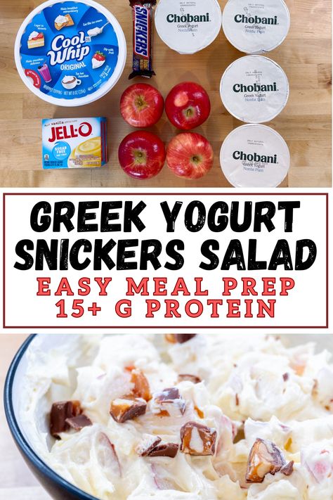 Greek Yogurt Snickers Salad (high-protein dessert) - It starts with protein Healthy Snickers Salad, Yogurt Snickers, Greek Yogurt Fruit Dip, Healthy Snickers, Snickers Protein, Snicker Apple Salad, Snickers Salad, Make Greek Yogurt, High Protein Desserts