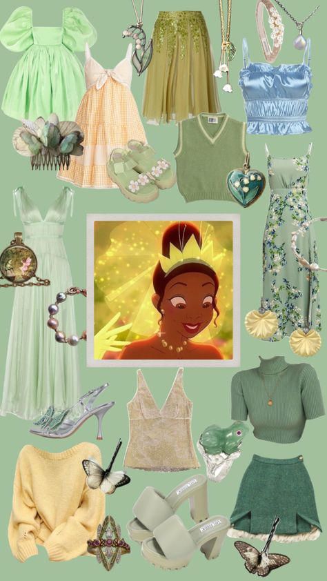 Tiana #disney #disneyprincess #princessandthefrog #tiana #green #outfitinspo #disneybound #disneyfashionseries Tiana Princess Fashion, Disney Princess Outfit Ideas Tiana, Princess Tiana Themed Outfit, Tiana Themed Outfit, Tiana Bounding Outfits, Princess Tiana Aesthetic Outfit, Tiana Inspired Outfits Casual, Tiana Aesthetic Outfit, Princess Tiana Outfit Ideas Casual