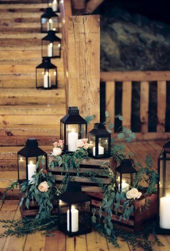 Rustic Wedding Decor Lanterns, Rustic Wedding Decor With Lanterns, Lantern And Vase Centerpieces, Wedding Lantern Decor Reception Ideas, Front Porch Wedding Decorations, Wedding Decor With Lanterns, Big Lantern Decor Ideas, Candle Lanterns Decor Ideas, Lantern Centerpieces Wedding