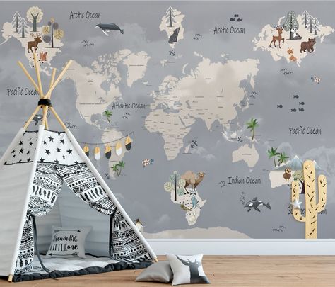 Wallpaper World Map, Wallpaper For Room, World Map Mural, Boys Bedroom Themes, Kindergarten Wallpaper, Playroom Wallpaper, Map Wall Mural, Kids World Map, Map Murals