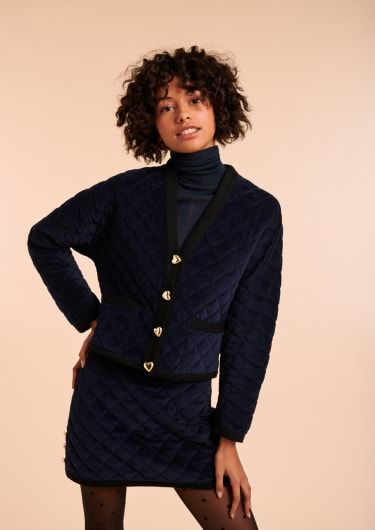 Navy quilted velvet Hope jacket Quilted Velvet Jacket, Navy Quilt, Tara Jarmon, Velvet Skirt, Galeries Lafayette, Velvet Jacket, Sewing Ideas, Women's Blazer, Velvet