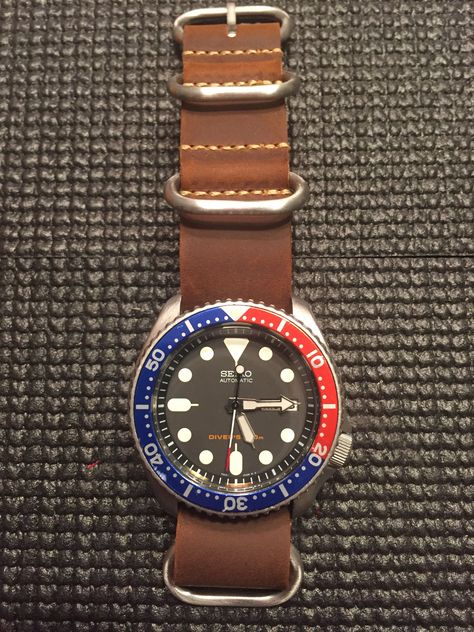 Skx007 with Pepsi bezel on brown leather NATO strap Seiko 5, Nato Strap, Survival Gear, Cool Watches, Time Piece, Leather Watch, Brown Leather, Leather