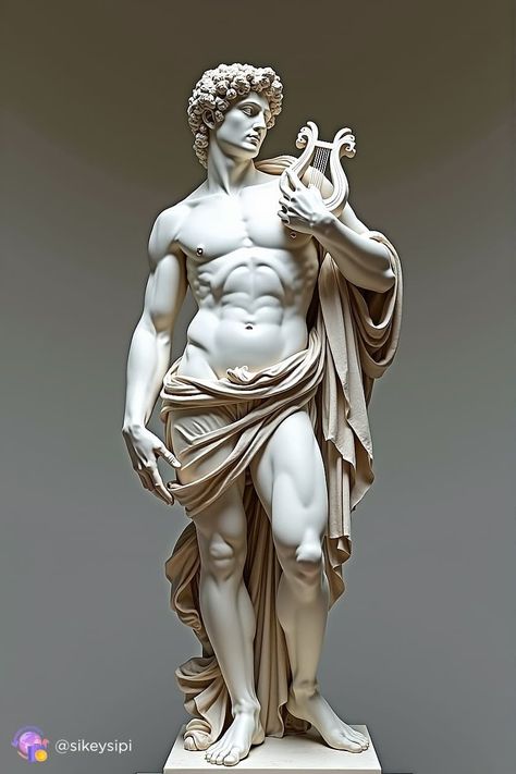 Men Sculpture Greek, Greek God Reference, Apollo Statue Aesthetic, Apollon Statue, Greek Statues Male, Greek Statues Women, Greek God Statues, Apollo Sculpture, Greek God Sculptures