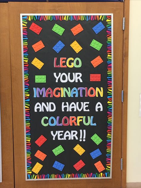 Lego Themed Classroom Ideas, Lego Classroom Theme Bulletin Boards, Building A Brighter Future Theme, Roblox Classroom Theme, Lego School Theme Bulletin Boards, Lego Theme Classroom Decor, Lego Classroom Door, Lego Door Decorations Classroom, Lego Classroom Decorations