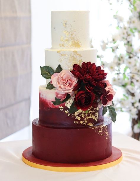 Burgundy and Ivory Ombre Wedding Cake, metallic gold Leaf, 4 tiered wedding cake, Boldly coloured wedding cake Red Wedding Cake, Gold And Burgundy Wedding, Burgundy Wedding Cake, Blush Wedding Cakes, Rose Gold Wedding Cakes, Burgundy And Blush Wedding, Wedding Cake Ombre, 3 Tier Wedding Cakes, Wedding Cake Roses