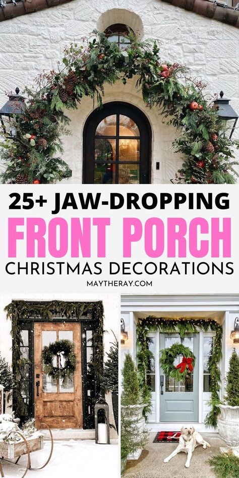 Decorate Porch Bench For Christmas, Front Porch Christmas Decor Columns, White Farmhouse Christmas Decor Exterior, Christmas Porch Decor Columns, Outdoor Christmas Decorations Columns, Christmas Decor Ideas Outdoor 2024, Front Of The House Christmas Decorations, Exterior Christmas Decor Ideas Porch, Christmas Decor On Porch