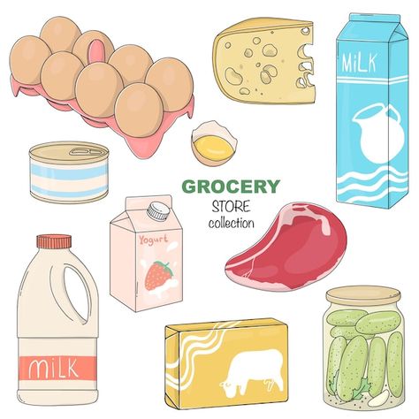 Grocery List Drawing, Grocery Doodles, Grocery Drawing, Grocery Shopping Illustration, Grocery Store Drawing, Supermarket Drawing, Grocery Store Illustration, Supermarket Cartoon, Grocery Illustration