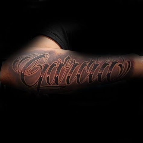 Cursive Last Name Guys Outer Forearm Sleeve Tattoo Last Name Tattoos For Men, Last Name Tattoo, Name Tattoos For Men, Tattoo Cursive, Last Name Tattoos, Quetzalcoatl Tattoo, Tattoo Name Fonts, Tattoo Font For Men, Names Tattoos For Men