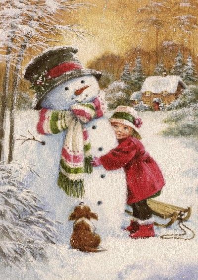 Vintage Winter Illustration, Snowman Images, Snowman Crafts Diy, Winter Artwork, Vintage Holiday Cards, Merry Christmas Gif, Christmas Artwork, Christmas Window Decorations, Snowman Painting