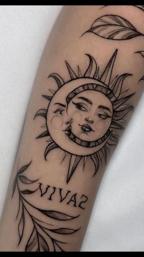 Tattoos On Waist, Tattoo Styles Types Of, Woman Silhouette Tattoo, Types Of Tattoo Styles, Sun Moon Tattoos, Tattoo Calf, Sun And Moon Tattoo, Tatoo Inspiration, 4 Tattoo