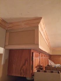 How To Update Kitchen Soffits, Cabinet End Panel Ideas Kitchen Islands, Kitchen Soffit Disguise, Furr Downs Kitchen, Updating Soffit In Kitchen, Disguising Kitchen Soffits, Bulkhead Kitchen Ideas, Kitchen Bulkhead Ideas, Kitchen Soffit Makeover