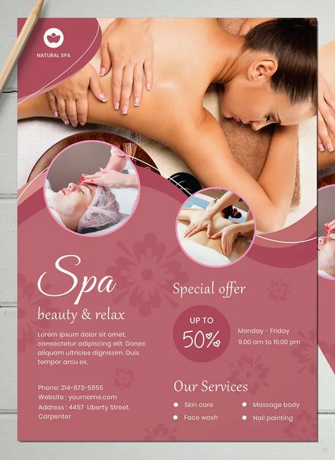 Beauty Spa Flyer Template PSD Beauty Salon Flyer Design Inspiration, Beauty Clinic Poster, Spa Flyer Design, Spa Promo, Poster Spa, Spa Poster, Spa Brochure, Beauty Template, Spa Logo Design