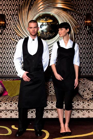 What the wait staff's uniforms will look like with the addition of red bow ties for both male and female. Waiter Uniform Design, Restaurant Uniform, Cafe Uniform, Mayfair Hotel, Casual Restaurant, Waiter Uniform, Restaurant Uniforms, Hotel Uniform, Staff Uniforms