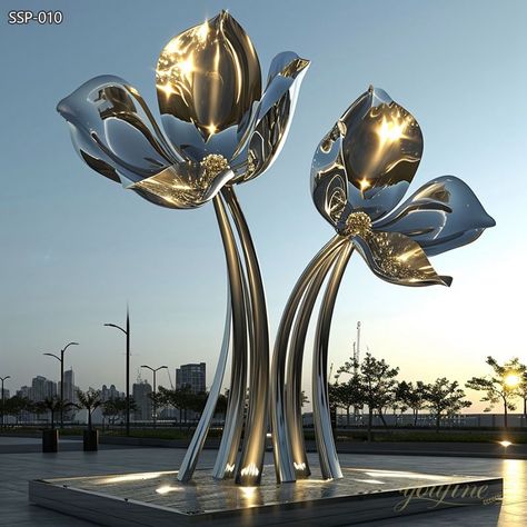 The stunning Mirror Polished Stainless Steel Flower Sculptures would elevate the beauty of your plaza. Customize flower sculptures. Ambience Decor, 3d Metal Art, Store Decoration, Flower Sculpture, Steel Flowers, Flower Sculptures, Metal Craft, Hall Design, Tree Sculpture