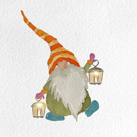 Cute Gnomes Art, Whimsical Christmas Watercolor, Christmas Gnome Drawing Easy, Xmas Gnome Painting, Watercolor Nomes, Christmas Gnome Acrylic Painting, Watercolour Christmas Gnomes, Gnome Watercolor Illustrations, Watercolor Gnomes