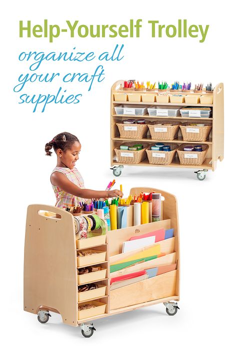 This art cart is a complete portable craft supply center, with slots that hold a range of paper sizes, a variety of totes and cups to hold art and craft materials and a dowel for ribbon and tape. It's accessible from both sides and perfect for the Preschool classroom. Classroom Art Cart, Montessori Arts And Crafts Area, Classroom Paper Storage, Art Cart Ideas, Diy Art Cart, Art Center Preschool Setup, Kids Art Supply Organization, Preschool Art Studio, Art Trolley