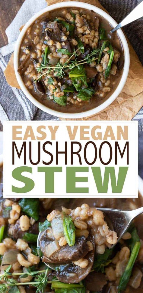 This easy vegan mushroom stew recipe is the perfect cozy meal for those busy nights. It comes together quickly and has an amazing depth of flavor! #vegansoup #vegancomfortfood Vegetarian Stew Recipes, Stew With Barley, Vegan Mushroom Stew, Vegetarian Stews, Mushroom Barley Stew, Barley Mushroom, Vegetarian Stew, Healthy Winter Meals, Mushroom Stew