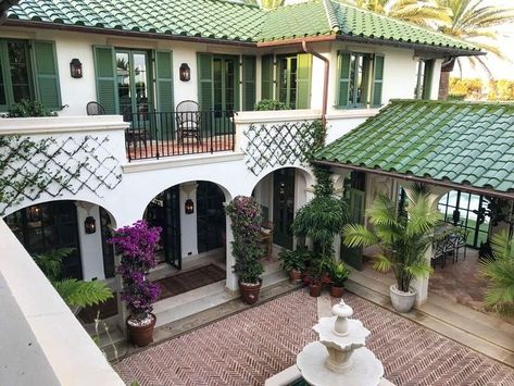 Mediterranean Revival Style, Wooden Garden Gate, Spanish Homes, Green Shutters, Mediterranean Revival, Hacienda Style Homes, Kerala House, Intracoastal Waterway, Two Story House