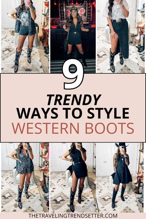 Discover how to style Western boots for women with these fashionable outfit ideas. From casual day looks to chic evening ensembles, Western boots can elevate any outfit. Whether you're pairing them with dresses or denim, find stylish ways to incorporate Western boots into your women's fashion wardrobe and step up your women's shoes game. Cowboy Boots Outfit Winter Dressy, Woman Western Outfits, Tall Western Boots Outfit, How To Wear Cowboy Boots Women, Casual Western Outfits For Women, How To Style Cowgirl Boots, Black Western Boots Outfit, Cowboy Boots Outfit Winter, Style Western Boots