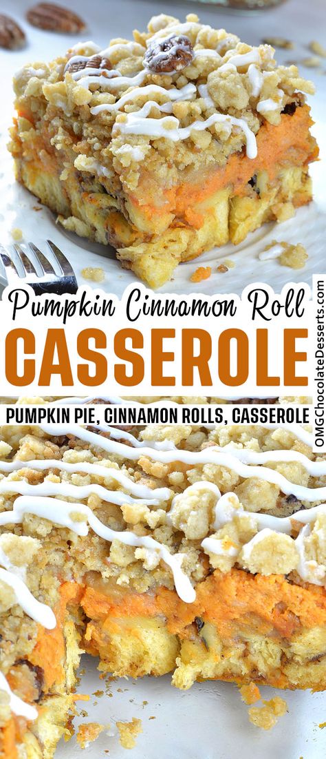 Pumpkin pie for breakfast? Yes, please! Cinnamon roll pieces baked in a pumpkin-spiced custard and topped with icing and pecans. Pumpkin Cinnamon Roll Casserole, Recipe Casserole, Halloween Charcuterie, Cinnamon Roll Casserole, Cinnamon Pumpkin, Pumpkin Pecan Pie, Pie Pumpkin, Skeleton Pumpkin, Simple Dessert