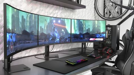 HP just launched a killer curved 1440p 240Hz gaming monitor  Digital Trends Curved Computer Monitor, Curved Monitor Gaming Setup, Double Curved Monitor Setup, Curved Pc Monitor, Pc Setup 3 Monitor, Dual Curved Monitor Setup, Curved Monitor Setup, 3 Monitor Setup, Command Room