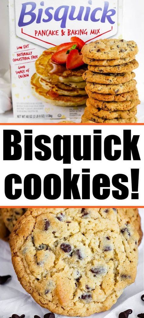 Bisquick chocolate chip cookies are a fast easy way to bake dessert. Add nuts to this ready made pancake mix for a fun twist on YUM. #bisquickcookies Bisquick Cookie Recipes, Bisquick Cookies, How To Make Bisquick, Bisquick Chocolate Chip Cookies, Bisquick Pancakes, Chocolate And Vanilla Cake, Easy Dessert Recipes Quick, Yummy Desserts Easy, Bisquick Recipes