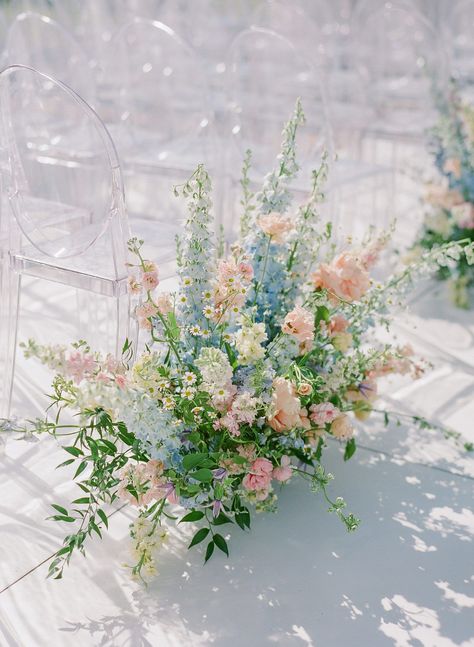 Delphinium Aisle Flowers, Soft Romantic Wedding Decor, Whimsical Pastel Wedding, Kiawah Wedding, Whimsical Bridal Bouquet, French Garden Wedding, Aisle Arrangements, Rosemary Beach Wedding, Pastel Wedding Theme