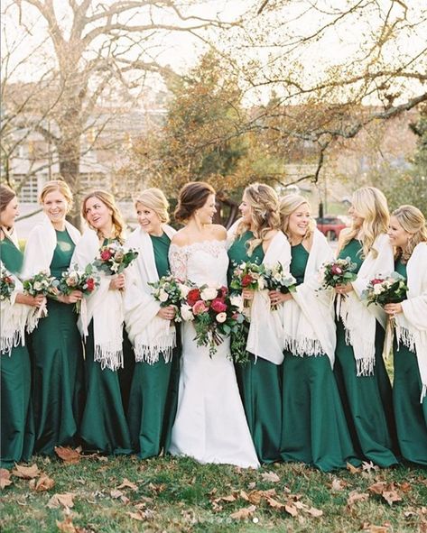 Bridesmaid Dress Coverup Ideas, Shawl For Bridesmaids, Bridesmaid Shawls And Wraps, Dress Coverup Ideas, Bridesmaids Shawls, Coverup Ideas, Forest Green Bridesmaid Dresses, Cold Wedding, Christmas Wedding Themes