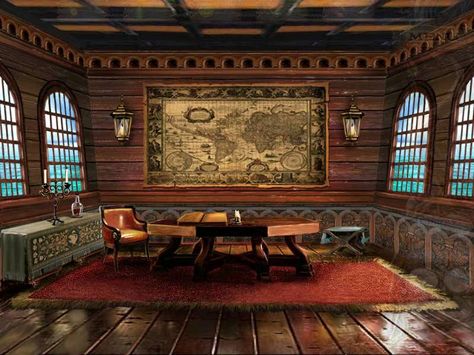 cabin Pirate Ship Room, Pirate Ship Interior, Ship Interior, Pirate Room, Sail Ship, The Orangery, Captains Quarters, Ghost Ship, Pirate Life