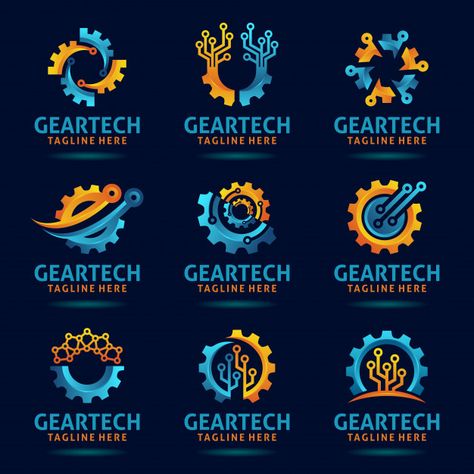 Collection of gear tech logo design Prem... | Premium Vector #Freepik #vector #logo #business #design #technology Tech Logo Design, Electronics Logo Design, Tech Tattoo, Mechanics Logo, Connect Logo, Dress Your Tech, Electronics Logo, Gear Logo, Tech Logo