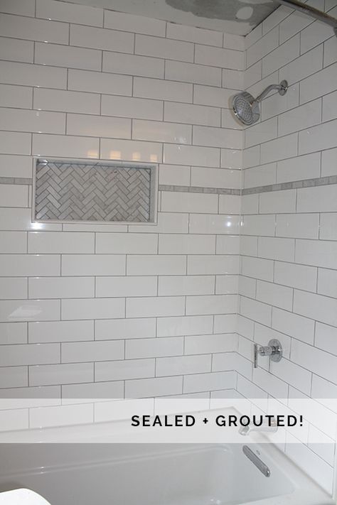 Bath Tile Ideas Tub Surround, Shower Accent Tile, White Subway Tile Shower, Tile Shower Niche, White Subway Tile Bathroom, White Tile Shower, Tile Tub Surround, Master Bath Renovation, Subway Tile Showers