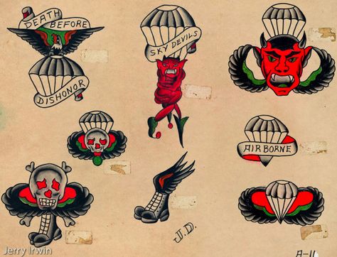 Airborne Flash Airborne Tattoos, Traditional Sailor Tattoos, Old School Tattoos, Military Tattoo, Traditional Black Tattoo, Shamrock Tattoos, Traditional Tattoo Inspiration, Army Tattoos, Traditional Style Tattoo