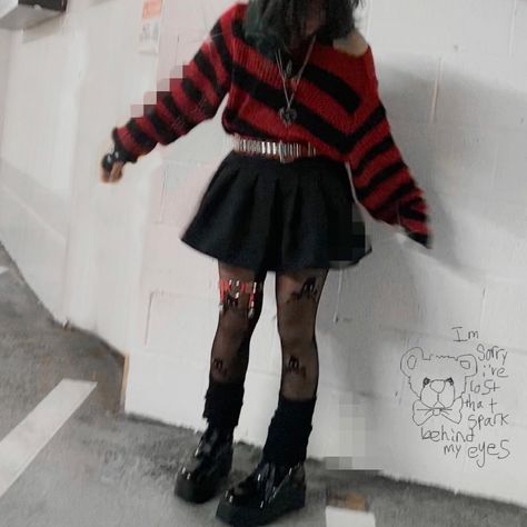 #drain #aesthetic #ootd #outfits #amazonfinds Red Alt Outfits Aesthetic, Red And Black Sweater Outfit Grunge, Red And Black Striped Sweater Outfit, Red Goth Aesthetic Outfit, Red Vigilante Outfit, Red And Black Rock Outfit, Winter Punk Outfits Grunge Fashion, Black And Red Emo Outfit, Gore Outfits Aesthetic