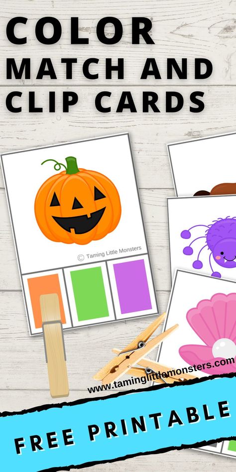 Color Match and Clip Cards - Free Printable for kids. Great for toddlers and preschoolers to develop fine motor skills. #freeprintable #colors #finemotor #toddlers #preschoolers Pumpkin Color Matching, Activities For 2 Year Printable, Sped Preschool Activities, Color Centers For Preschool, Preschool Skills Activities, Folder Activities For Preschool, Laminated Activities For Toddlers, Task Cards Preschool, Free Fine Motor Printables