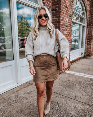 Tan Skirt Outfits, Corduroy Skirt Outfit, Fall Family Outfits, Tan Outfit, Skirt Outfit Fall, Plaid Shirt Outfits, Cute Thanksgiving Outfits, Leather Skirt Outfit, Thanksgiving Outfit Women