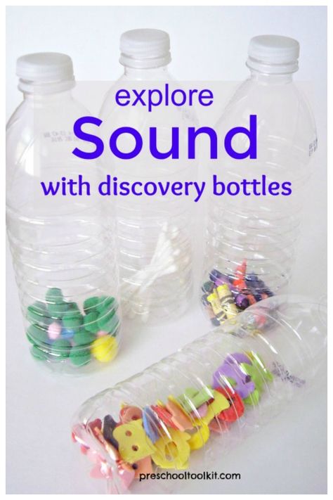 Discovery bottles are easy to make with recycled water bottles. Explore sound with preschoolers in this simple activity using homemade shakers. #sensoryactivities #preksensory Hearing Sensory Activities, Sound Sensory Activities, Hearing Activities For Toddlers, Magnolia Crafts, Sensory Objects, Aesthetic Classroom, Body Preschool, Discovery Bottles, Infant Room