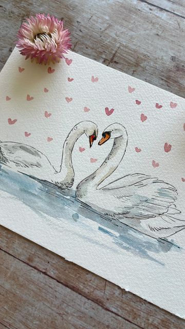 Danielle Hooi on Instagram Cute Illustration Watercolor, Cute Paintings Watercolor, How To Draw Swan, Watercolor Love Paintings, Creative Watercolor Paintings Ideas, Wedding Anniversary Drawing, Animal Couple Drawing, Cute Little Things To Draw, Easy Watercolor For Beginners