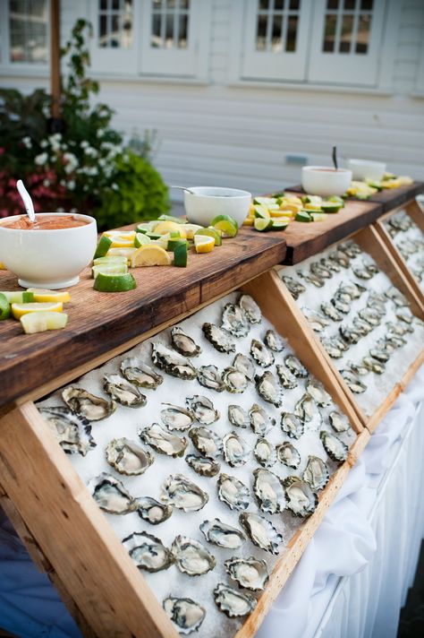 oyster bar wedding food Mignonette Sauce, Outdoor Wedding Foods, San Juan Islands Wedding, Cocktail Hour Food, Wedding Food Stations, Food Seafood, Wedding Food Drink, Friends Ideas, Cocktail Hour Wedding