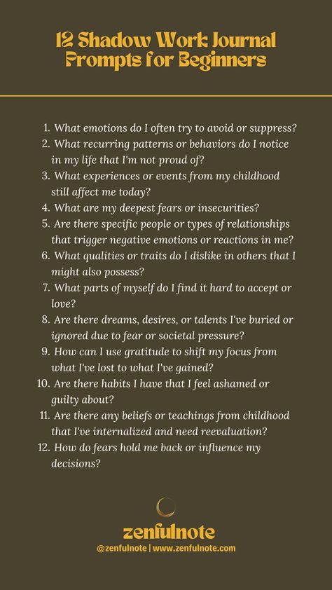 Shadow work is a deeply personal journey, so take your time and approach it with self-compassion and patience. It might be challenging at times, but facing and integrating these aspects of yourself can lead to profound personal growth and healing. Shadow Work Beginners, Shadow Work Prompts For Beginners, Shadow Work Book, Journal Prompts For Beginners, Work Journal Prompts, Shadow Work Journal Prompts, Suppressed Emotions, Shadow Work Spiritual, Growth And Healing