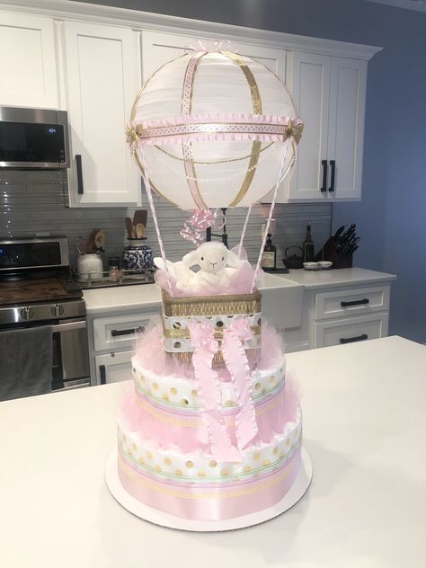 Pink Hot Air Balloon Baby Shower Theme, Elephant Diaper Cake Girl, Creative Diaper Cakes, Diaper Cakes For Baby Girl, Hot Air Balloon Baby Shower Cake, Hot Air Balloon Diaper Cake, Diaper Cake Girl, Baby Nappy Cakes