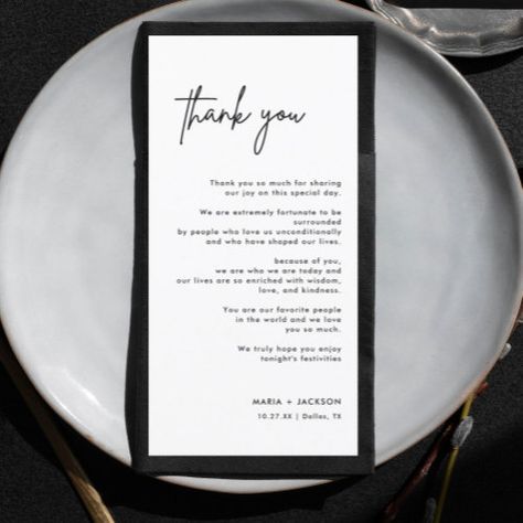 $2.52 | Black and White Modern Wedding Table Thank You #wedding thank you, minimalist, modern thank you, thank you note, wedding note, menu thank you, thank you letter, wedding letter, wedding table thank you, black and white Wedding Table Sign Ideas, Black White Wedding Table Setting, Black And White Table Setting Wedding, Black And White Centerpieces Wedding, Black And White Boho Wedding, Black And White Wedding Table Settings, Black And White Reception Decor, Black Table Linens Wedding, Black Wedding Table Setting