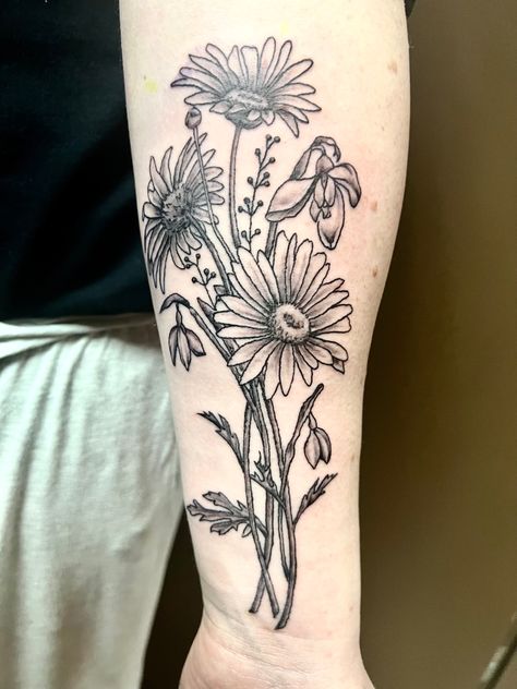 Snow drops, daisies, floral tattoo, forearm tattoo Snow Drop And Daisy Tattoo, Daisies Tattoo, Aster Flower Tattoo, Aster Flower Tattoos, Etching Tattoo, Snow Drop, Aster Flower, Daisy Tattoo, Snow Drops