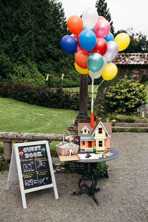 Emily wore a Needle & Thread dress for her colourful, balloon and glitter filled wedding at Coombe Trenchard. Images by Freckle Photography. Disney Basement, Glitter Wedding Theme, Disney Up Wedding, Wedding Guest Table Decor, Wedding Guest Table, Disney Wedding Theme, Disney Up, Up Theme, Anniversary Ideas